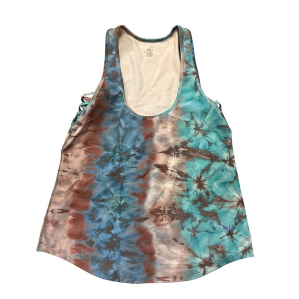 Mika Women's Size S Tie Dye Racerback Tank Top Teal Brown Lattice Strap